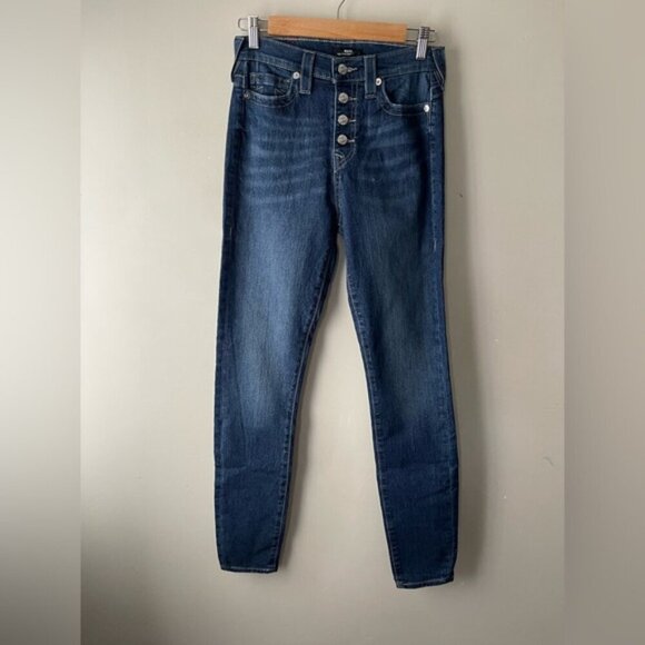 True Religion HALLE HR SN BUTTON FRONT Size 28 In Dark Wash Exposed Button NWT - Picture 5 of 16